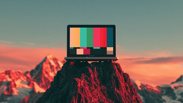 A laptop displaying a vibrant television test pattern screen sits balanced atop a jagged, dark mountain peak against a dramatic sunset sky with glowing orange and purple clouds in the background.