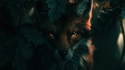 Fototapeta premium Fox stands in a dark forest among leaves. Bright light shines down, creating a strong contrast. The scene feels alive and intriguing.