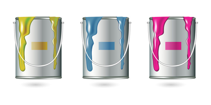 Three paint cans with colorful paint dripping down on transparent background