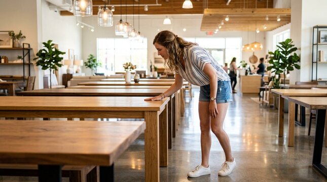 Young female shopper in casual summer outfit leaning forward to examine wooden dining table in bright spacious furniture showroom with hanging pendant lights and decorative plants