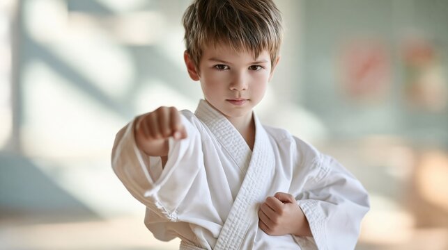 Young boy in white karate gi practicing martial arts stance