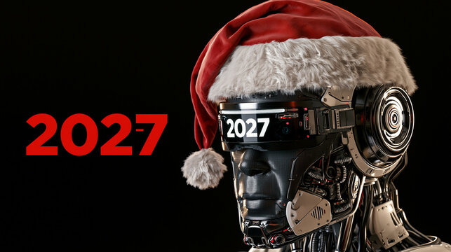 Futuristic robot wearing a Santa Claus hat with the year 2027 displayed on its visor. Concept for high-tech Christmas and future holiday celebrations.