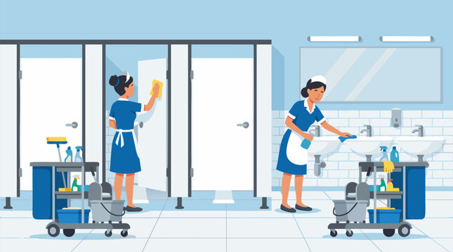 Two professional maids in blue uniforms with aprons cleaning white bathroom stalls and polishing sinks using cleaning carts in modern restroom facility - professional detailed commercial stock