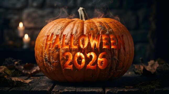Carved halloween 2026 pumpkin with glowing text in a dark and moody setting