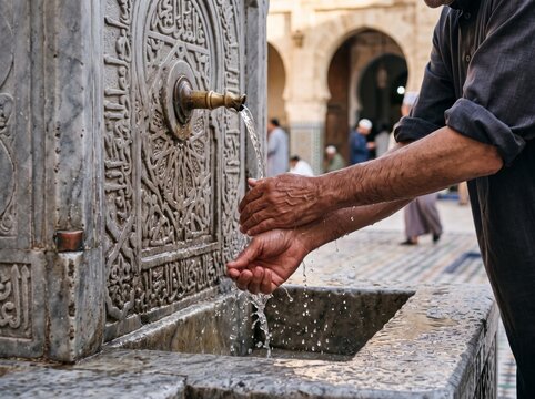 Muslim man performing ritual ablution (wudu) at an ornate stone fountain outside a mosque