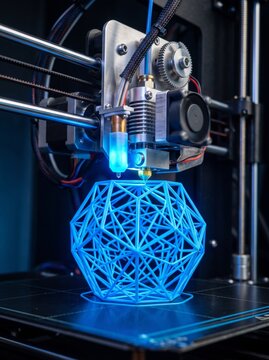 3D printer nozzle extruding blue filament to create a geometric lattice structure
