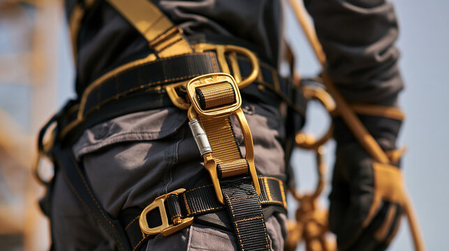 A construction worker wearing heavy duty safety harness and gear on a site. Essential equipment for workplace fall protection and industrial safety protocols.