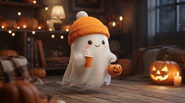 Happy ghost in a beanie with a drink and candy bucket in a cozy room setting.