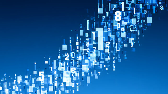 A mosaic of varying-sized numbers and symbols, pixelated, set against a solid blue backdrop &mdash; ideal for digital art, graphic design, and visualizations of mathematical concepts