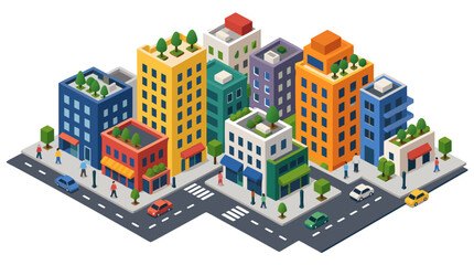 Fototapeta premium Isometric flat vector illustration of a vibrant city block with colorful mixed buildings, small cars, pedestrians on sidewalks, rooftop trees, urban cityscape, cartoon style, detailed