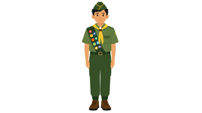 Young Boy Scout in Green Uniform with Neckerchief and Merit Badges Standing at Attention Flat Vector Illustration - professional high resolution commercial stock detailed commercial stock imagery