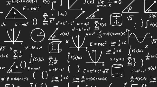 Seamless tile of white chalk math equations graphs geometric diagrams and integral signs on dark chalkboard background for educational pattern - professional high detailed commercial stock imagery