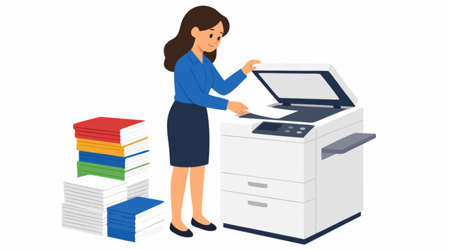 Female Office Worker Operating White Photocopier with Stacks of Colorful Documents Flat Vector Illustration - professional high resolution commercial stock photography detailed commercial stock