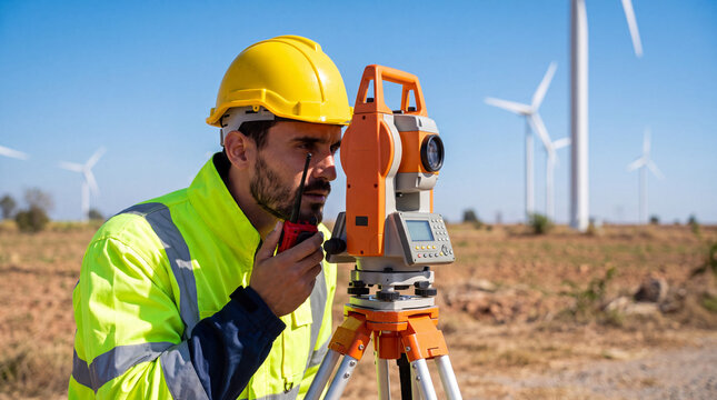 Engineer using a total station instrument at a wind farm site