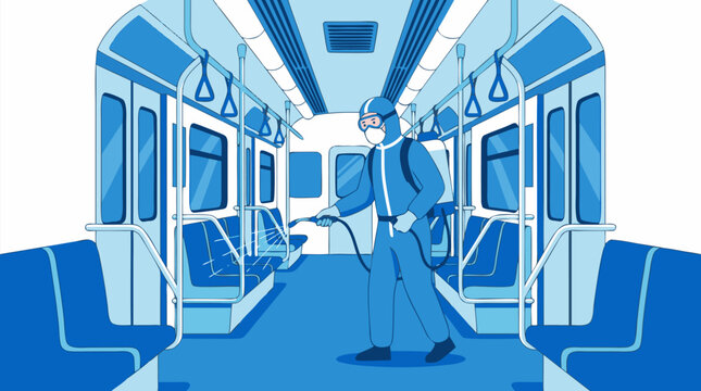 Worker in full protective gear spraying disinfectant inside subway train car, public transportation sanitization and cleaning concept, blue interior vector illustration detailed commercial stock