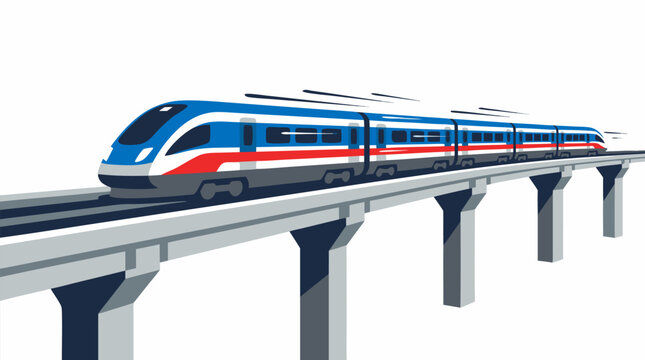 High Speed Passenger Train Speeding Along Elevated Rail Track Viaduct, Modern Bullet Train Transport Illustration, Flat Design Vector Art with Blue White Red Colors on White Background