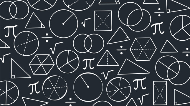 Seamless pattern of overlapping circles pi symbols square roots fractions and geometric shapes in white on dark background chalkboard style mathematics design - detailed commercial stock imagery