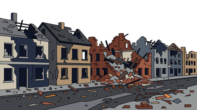 War-torn street with damaged houses and collapsed brick building, rubble and debris scattered, bold flat colors vector illustration on clean white background, urban destruction