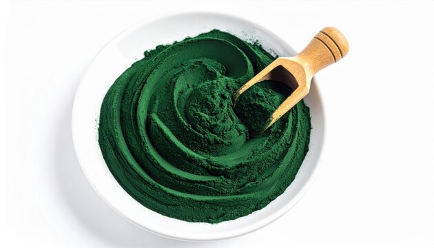 Vibrant Green Spirulina Powder Scooped From White Bowl Isolated On White Background