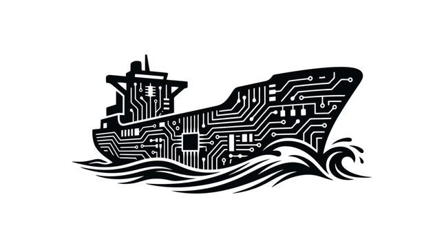 Futuristic digital cargo ship illustration featuring a complex circuit board pattern design navigating through stylized ocean waves in striking black and white vector art