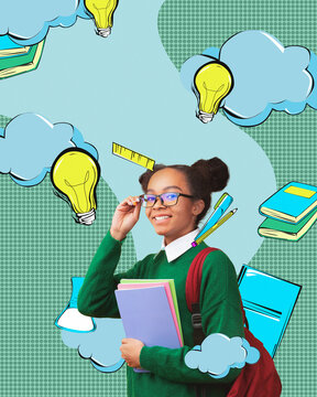 Smiling African American Girl With Glasses Holding Stack Of Books In School Setting, Representing Joyful Learning Experience And Education Concept, Surrounded By Illustrative Elements.