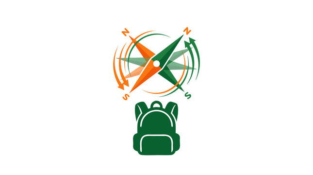 Compass needle spinning above small backpack silhouette, adventure travel logo design, bold flat vector illustration in green and orange colors on clean white background detailed commercial stock