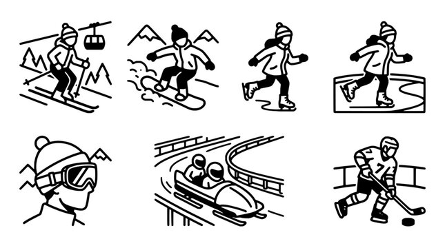 Collection of minimalist black and white line art icons depicting various popular winter sports and outdoor activities