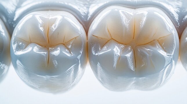 Macro view of healthy human molars. Clean white teeth show detailed cusps and fissures. Dental care, hygiene, and oral health are important for a bright smile.