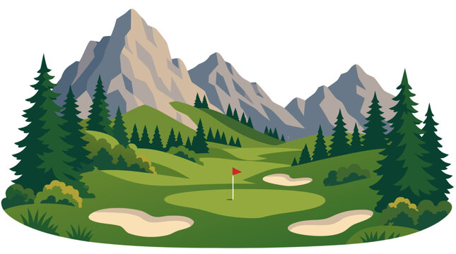 Scenic Rolling Green Golf Course Landscape Featuring Sand Bunkers Flagstick and Red Flag in Majestic Rocky Mountain Valley with Pine Trees Vector Illustration for Leisure and Sports Design