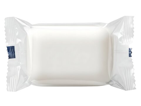 White bar soap in plastic wrap packaging isolated on white background