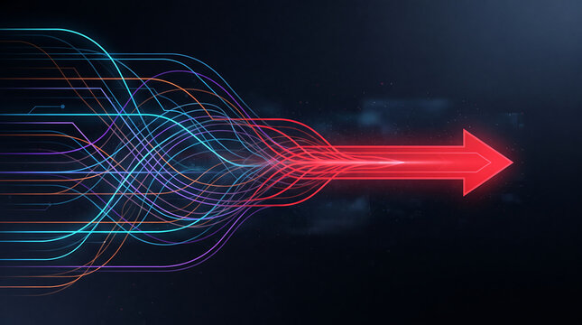 Glowing arrow with converging light trails on an abstract dark background representing digital connectivity and business strategy