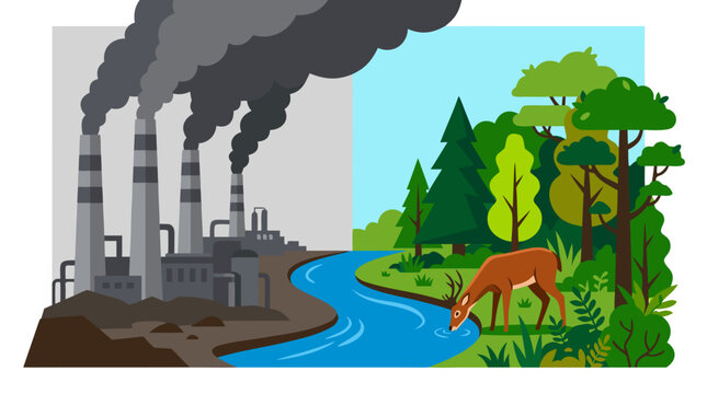 Industrial pollution contrast with pristine nature, gray smokestacks belching dark smoke beside a clean river with lush green forest and deer drinking, environmental protection concept vector