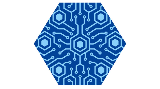 Seamless hexagonal tile featuring blue computer circuit pattern with traces nodes and connections forming geometric honeycomb design technology abstract futuristic digital electronic network