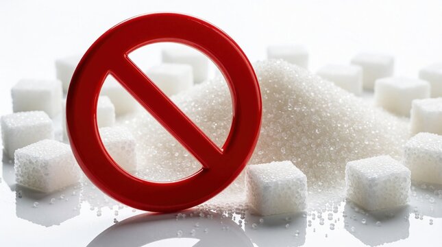 Red prohibition sign over pile of white sugar cubes and granulated sugar. Concept for diet, healthy eating, and sugar free lifestyle. No sweet treats.