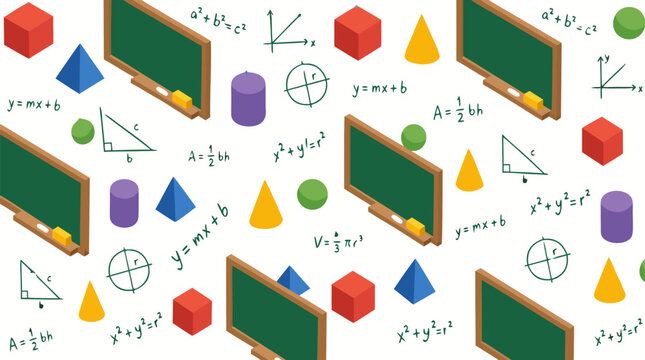 Seamless isometric vector pattern with green chalkboards, colorful 3D geometric solids, cubes, pyramids, spheres, cones and handwritten math formulas equations on white background for education