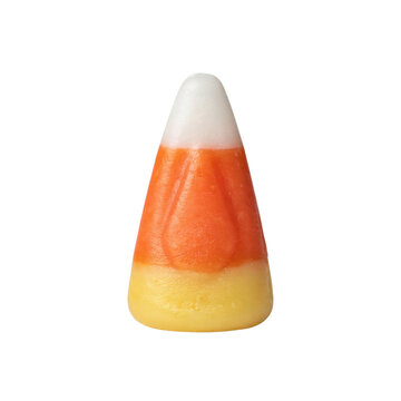 Single piece of tri-colored candy corn with white, orange, and yellow layers isolated on a transparent background