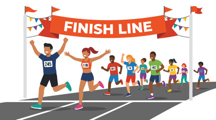 Fototapeta premium Diverse marathon runners crossing finish line under red banner with celebration gestures, athletic race participants with numbered bibs, flat color vector illustration on clean white background