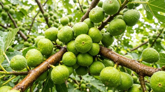 Fresh green figs with water droplets growing on branch of fig tree in organic orchard provide healthy summer harvest full of vitamins and natural dietary fiber.
