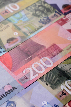 Ghana, Ghanaian paper money, cedi banknotes as currency for exchange or travel. Ghana money