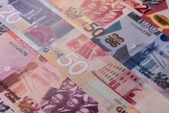 Ghana, Ghanaian paper money, cedi banknotes as currency for exchange or travel. Ghana money