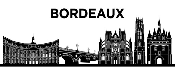 Fototapeta premium Bordeaux France Skyline Silhouette featuring Place de la Bourse and Saint-Andre Cathedral Landmarks, Black Vector Illustration on White Background