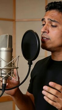 Vertical video: Singing singer in black tee on cue in booth, recording into mic and pop filter