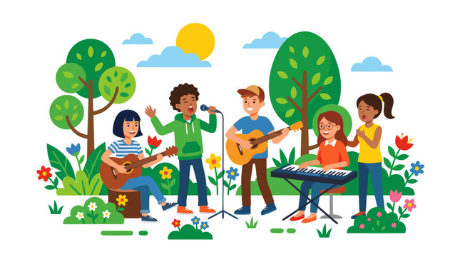 Happy diverse students playing guitars keyboard and singing together in sunny garden with green trees and colorful flowers flat vector illustration - professional high detailed commercial stock