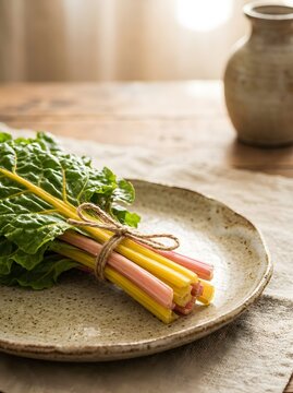 Vibrant organic rainbow chard stems tied with jute twine on ceramic plate