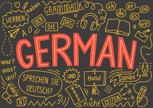 German language grammar hand drawn doodle and lettering banner. Education, learning foreign languages and school concept.  