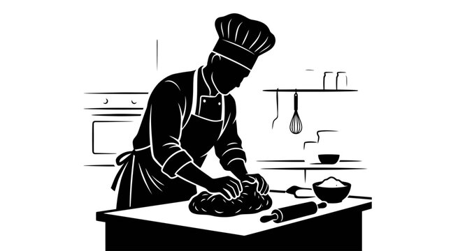 Black silhouette illustration of a professional chef wearing a hat and apron kneading bread dough in the kitchen