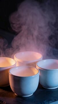 Vertical video: Showing four ceramic cups emitting steam from hot liquid on dark slate, amber-blue