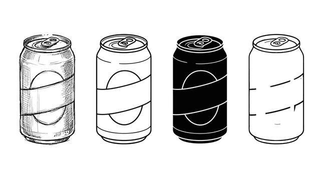 Set of soda or beer drink cans in four different styles including sketch line art silhouette and colorful design