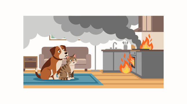 Worried Beagle Dog and Tabby Cat Alone in Smoky Living Room with Kitchen Fire Flames Spreading, Home Fire Safety Hazard Danger Pets in Emergency Vector Illustration - detailed commercial stock
