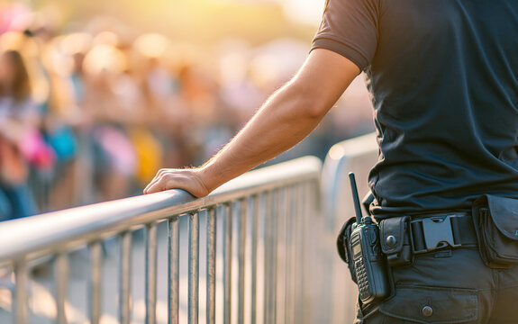 Police officer in black uniform standing by metal barrier overlooking crowd